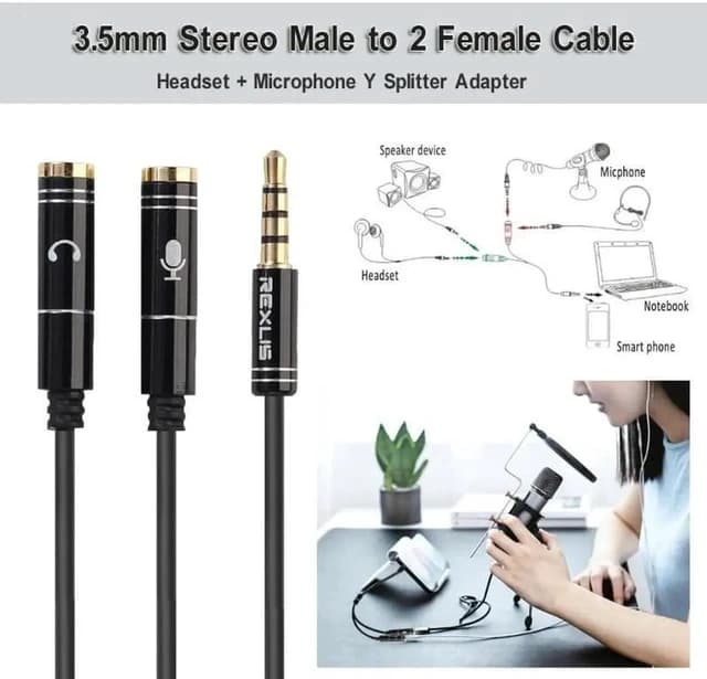 3.5mm Stereo Audio Male to 2 Female Headphone Mic Y Splitter Cable