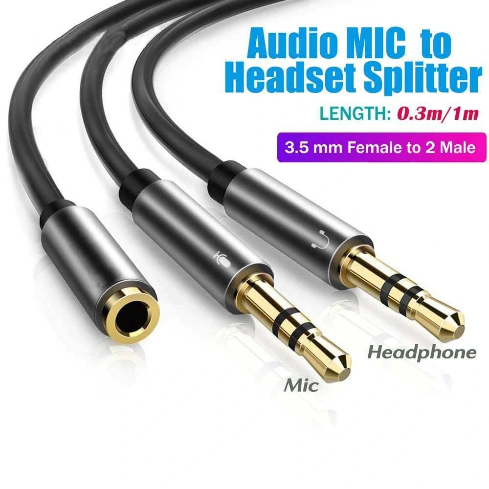 3.5mm FEMALE to 2 MALE Headphone (Mic & Audio) Y Splitter Cable